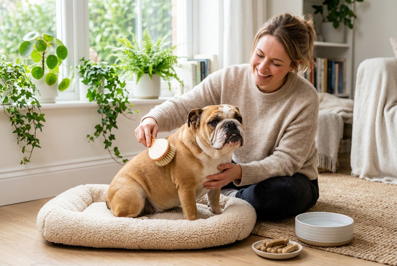 A person gently brushing a calm bulldog sitting on a pet bed indoors with natural light coming through a window.