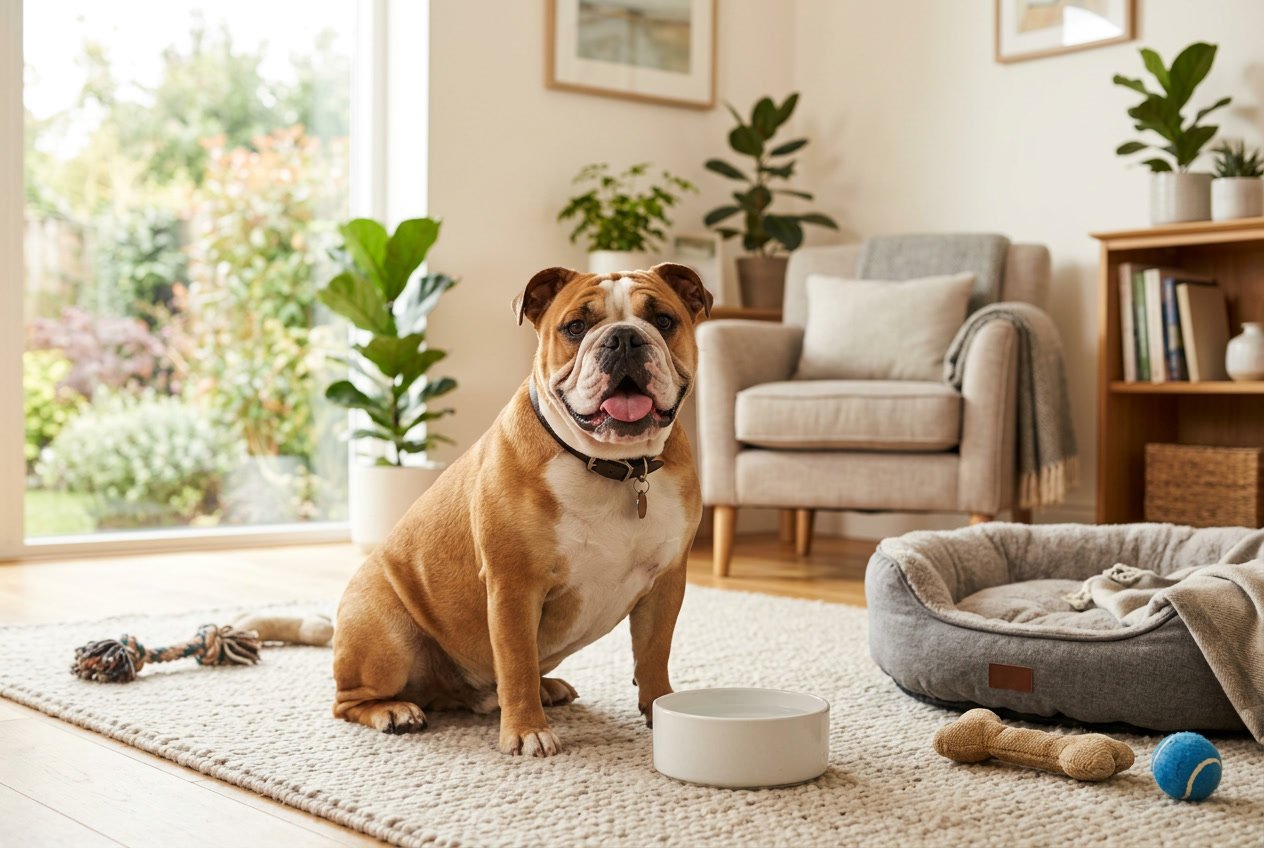 A healthy bulldog sitting on a living room floor with a water bowl, dog bed, and toys nearby in a bright home.