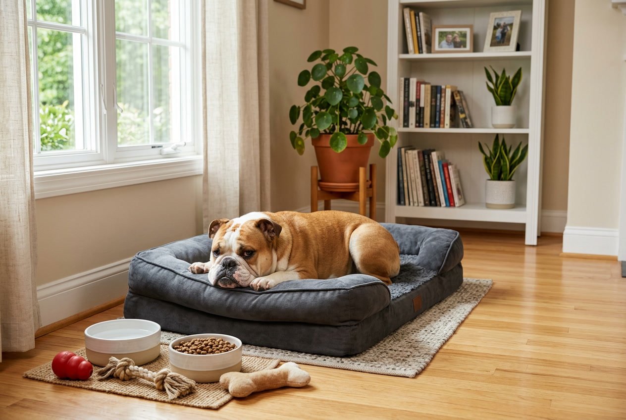 A bulldog resting comfortably on a soft dog bed in a clean, sunlit room with pet food bowls and plants nearby.