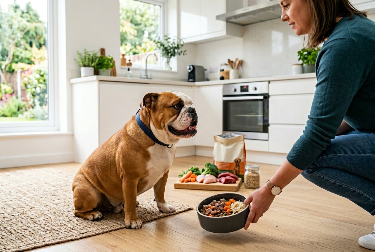 A healthy bulldog sitting on the floor as a person places a bowl of dog food nearby in a bright kitchen.