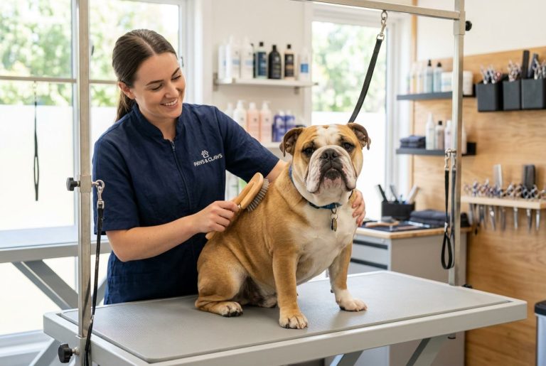 A bulldog sitting on a grooming table while a groomer brushes its fur in a bright pet grooming salon.