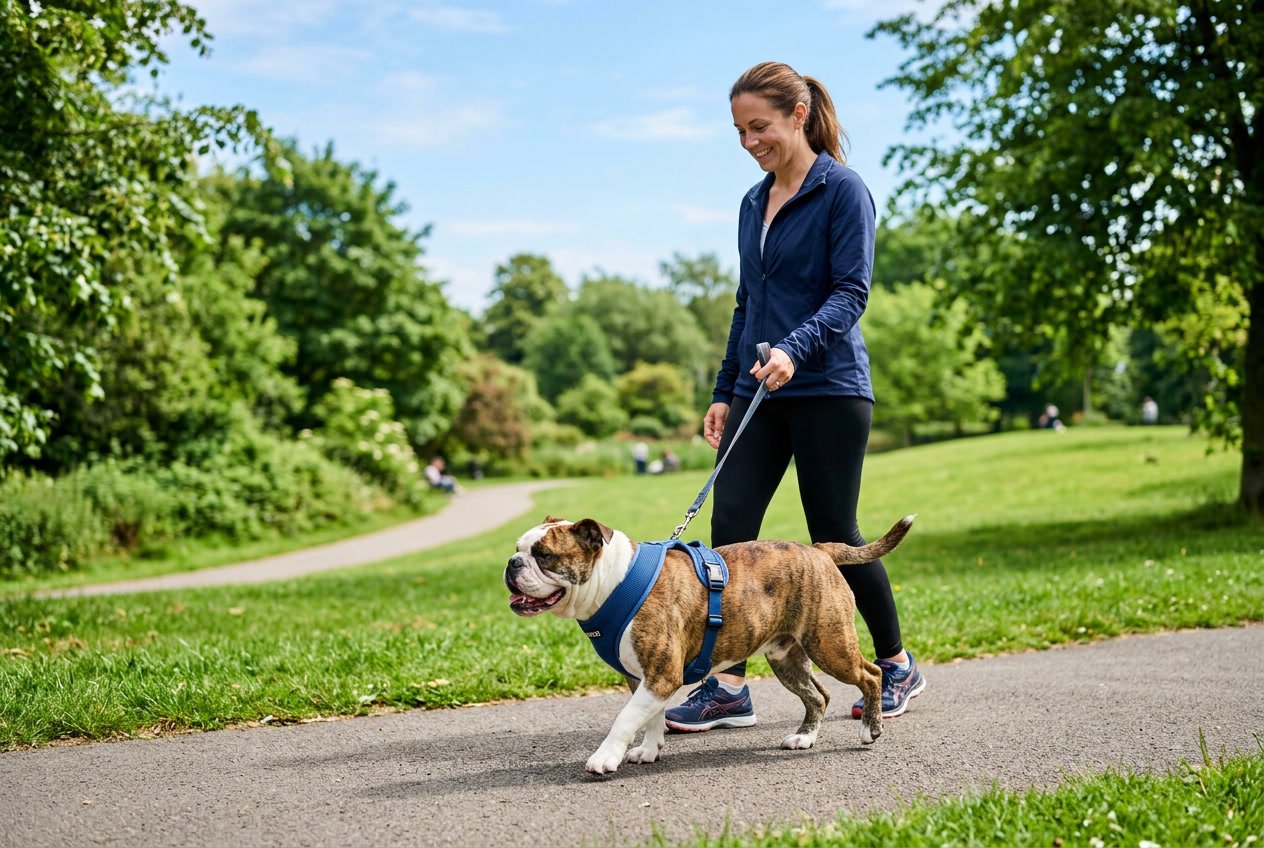 A bulldog walking on a leash in a park with a person holding the leash.