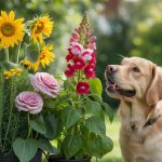 A dog sitting peacefully among various colorful flowers and green plants in a garden.