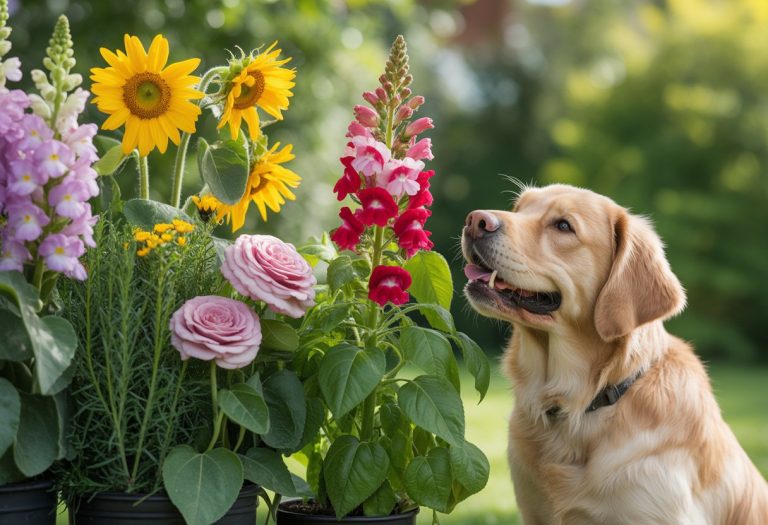A dog sitting peacefully among various colorful flowers and green plants in a garden.