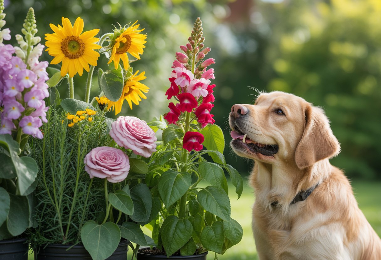 A dog sitting peacefully among various colorful flowers and green plants in a garden.
