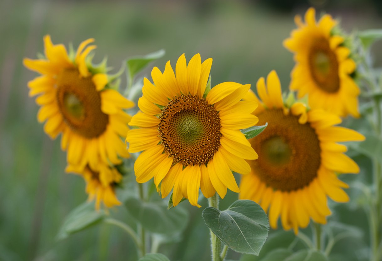 Close-up of bright yellow sunflowers blooming outdoors with a green blurred background.