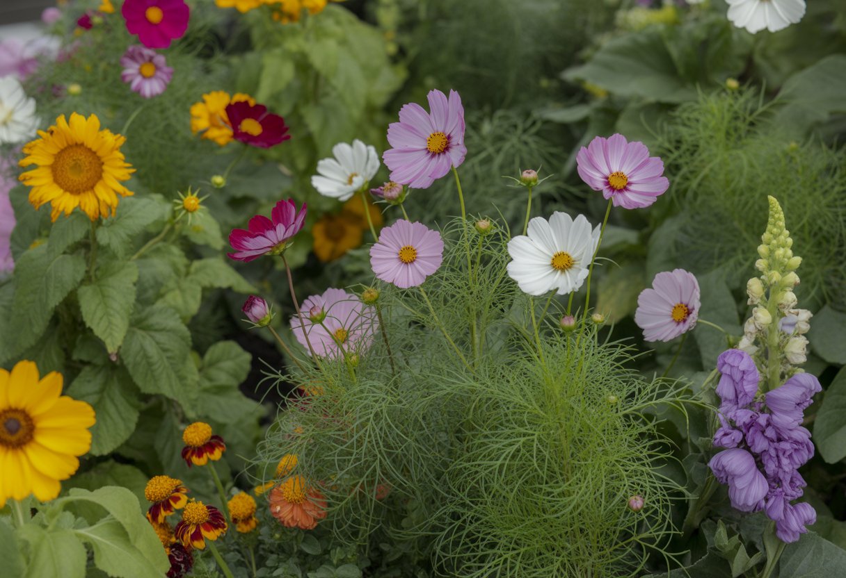 A bright garden with blooming cosmos flowers and other dog-safe plants under natural sunlight.