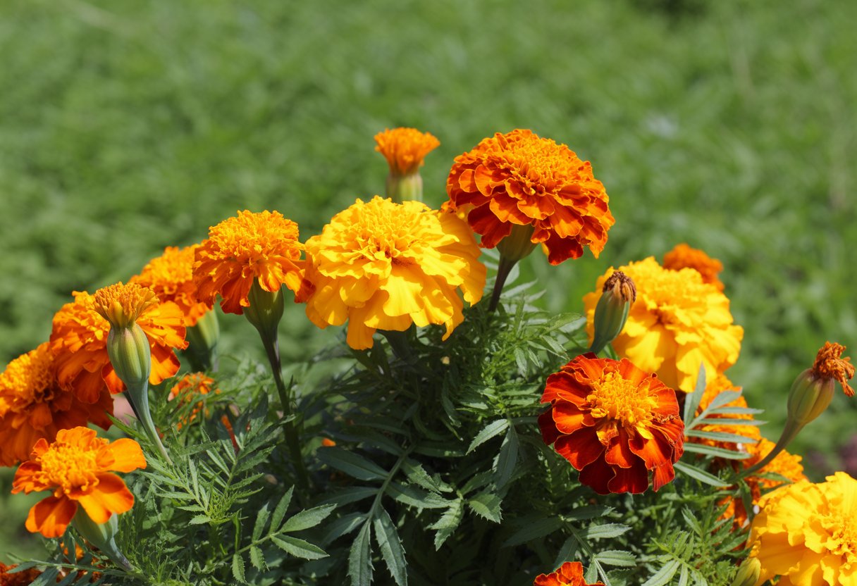 Bright orange and yellow marigold flowers blooming in a green garden.