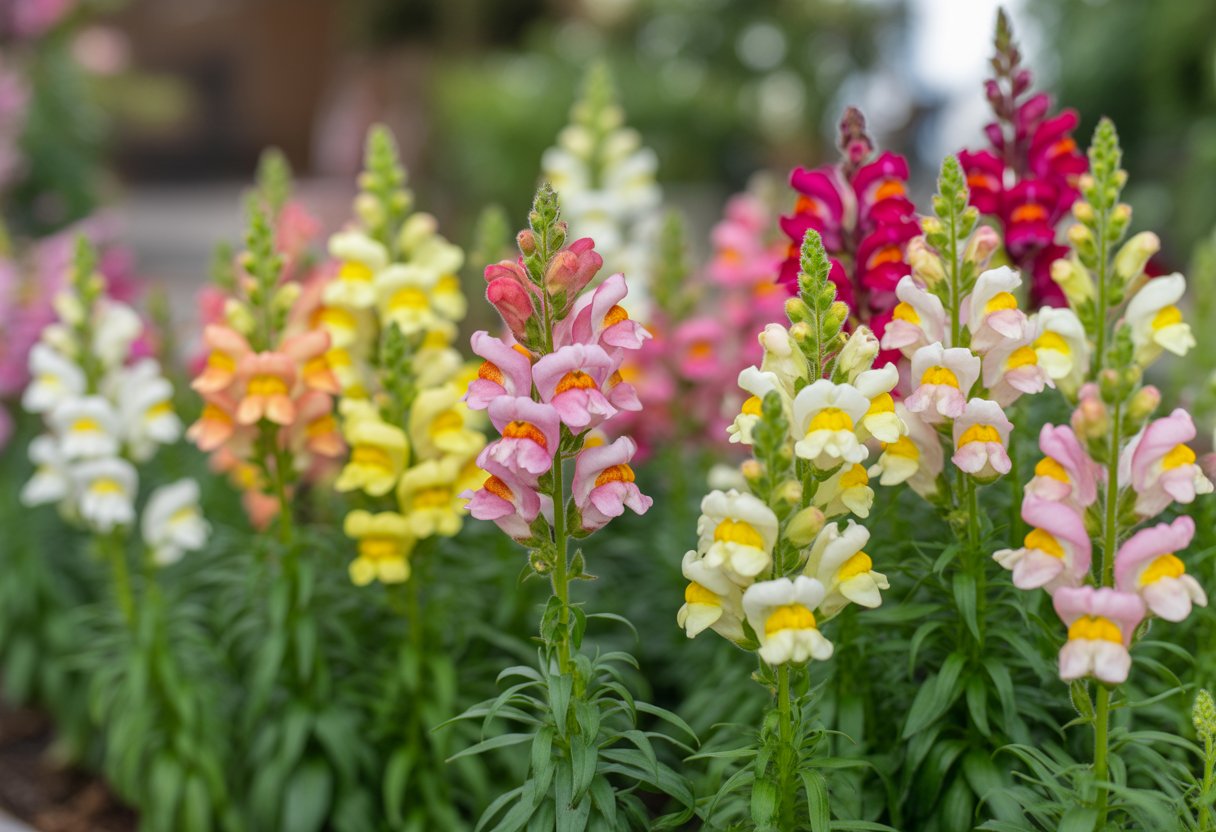 Close-up of colorful snapdragon flowers blooming in a garden with green leaves.