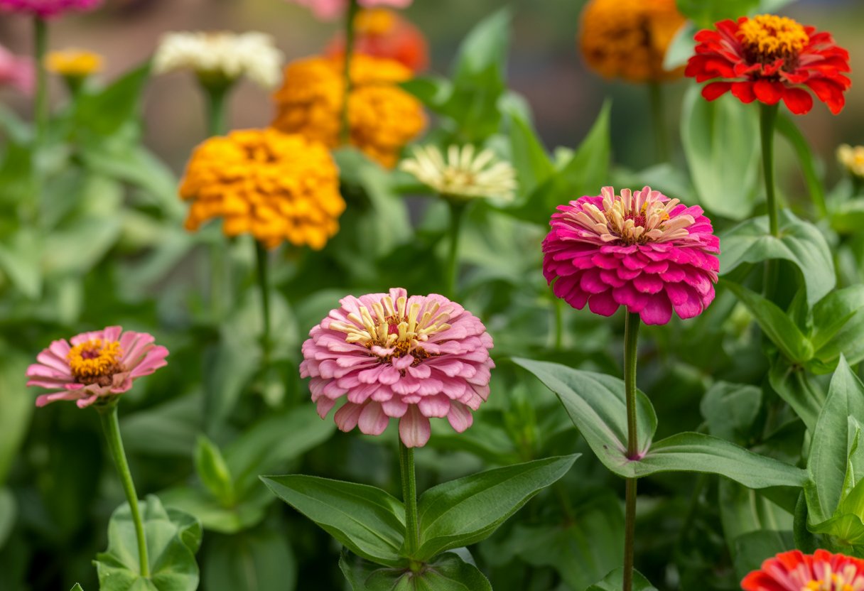 Close-up of blooming zinnia flowers with green leaves in a garden.