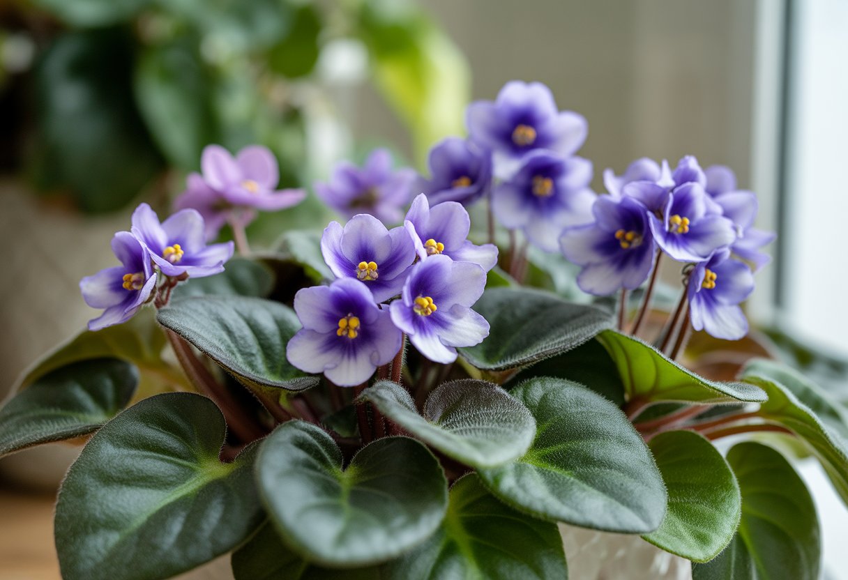 A cluster of blooming African violet plants with purple flowers and green leaves indoors.