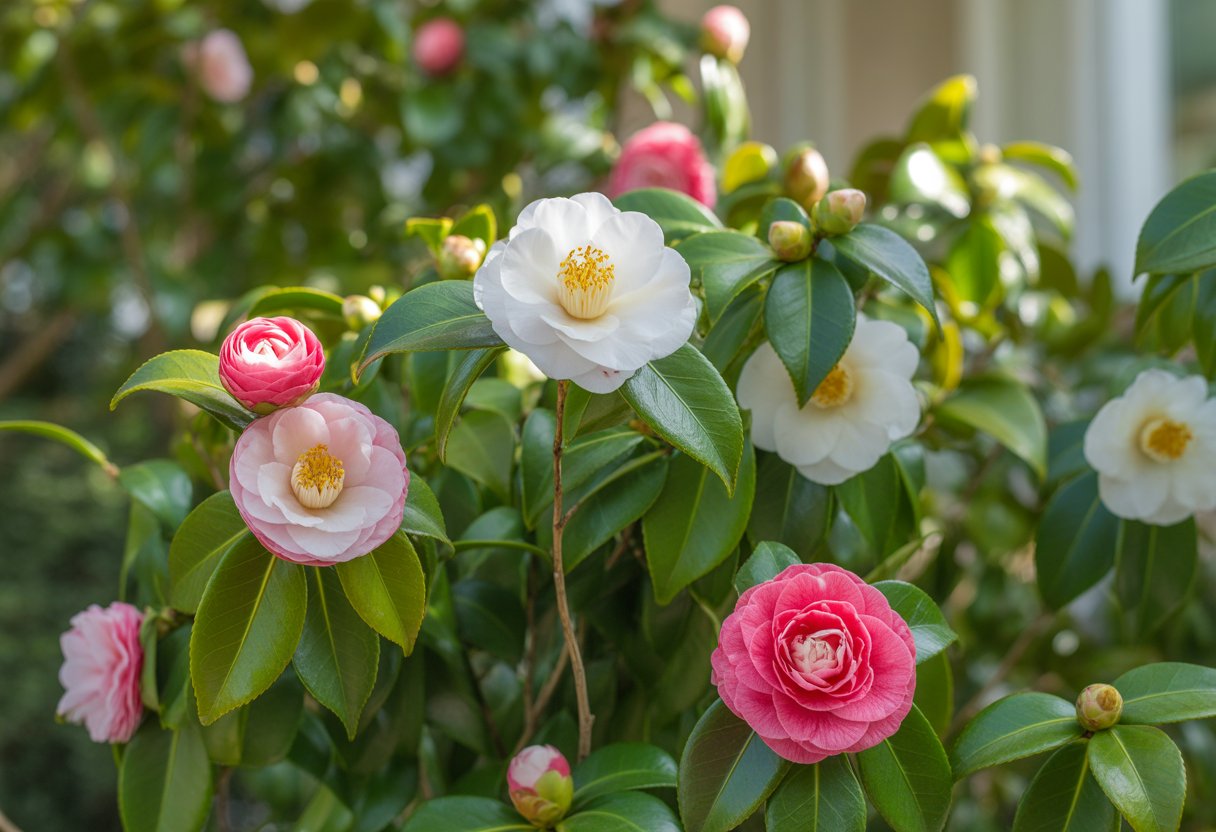 Close-up of blooming camellia flowers with green leaves in a sunlit garden.