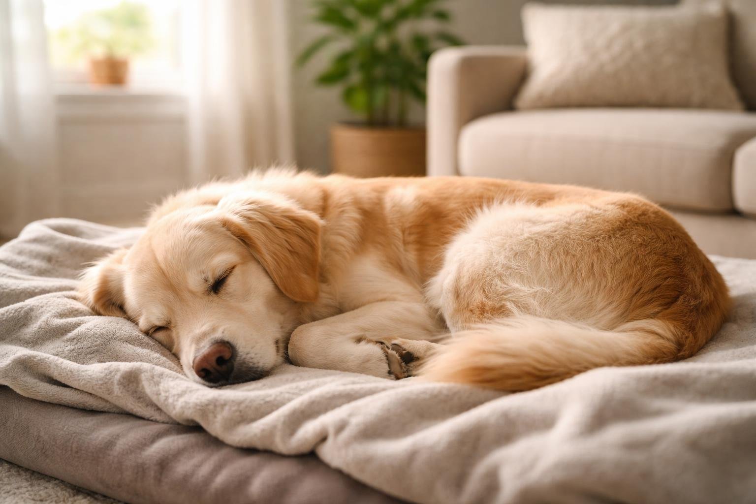A dog sleeping curled up on a blanket in a cozy living room with sunlight coming through a window.