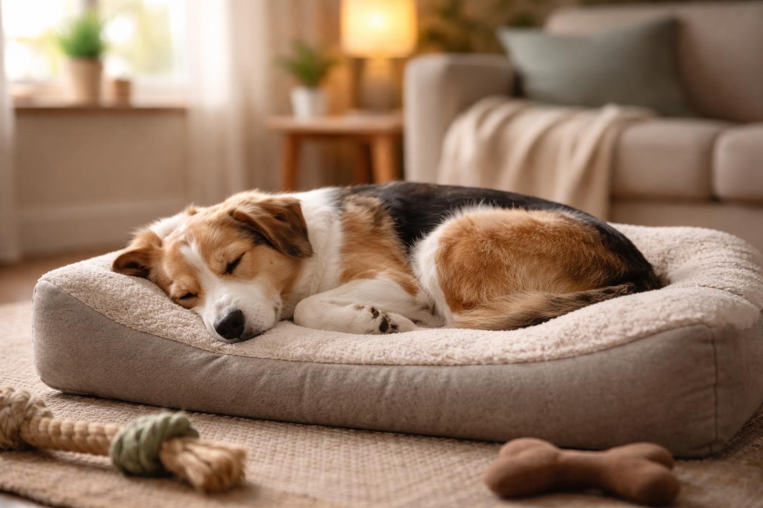 A medium-sized dog peacefully sleeping curled up on a soft dog bed in a cozy living room with natural sunlight.