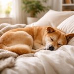 A dog sleeping peacefully curled up on a cozy bed in a bright living room.
