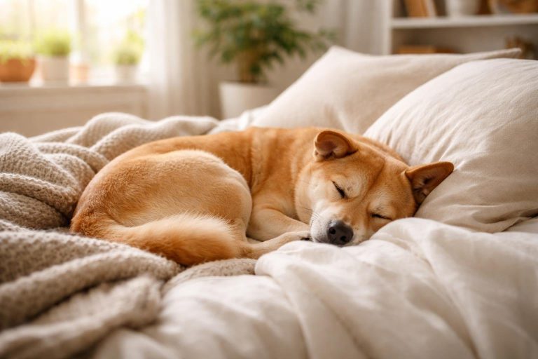 A dog sleeping peacefully curled up on a cozy bed in a bright living room.