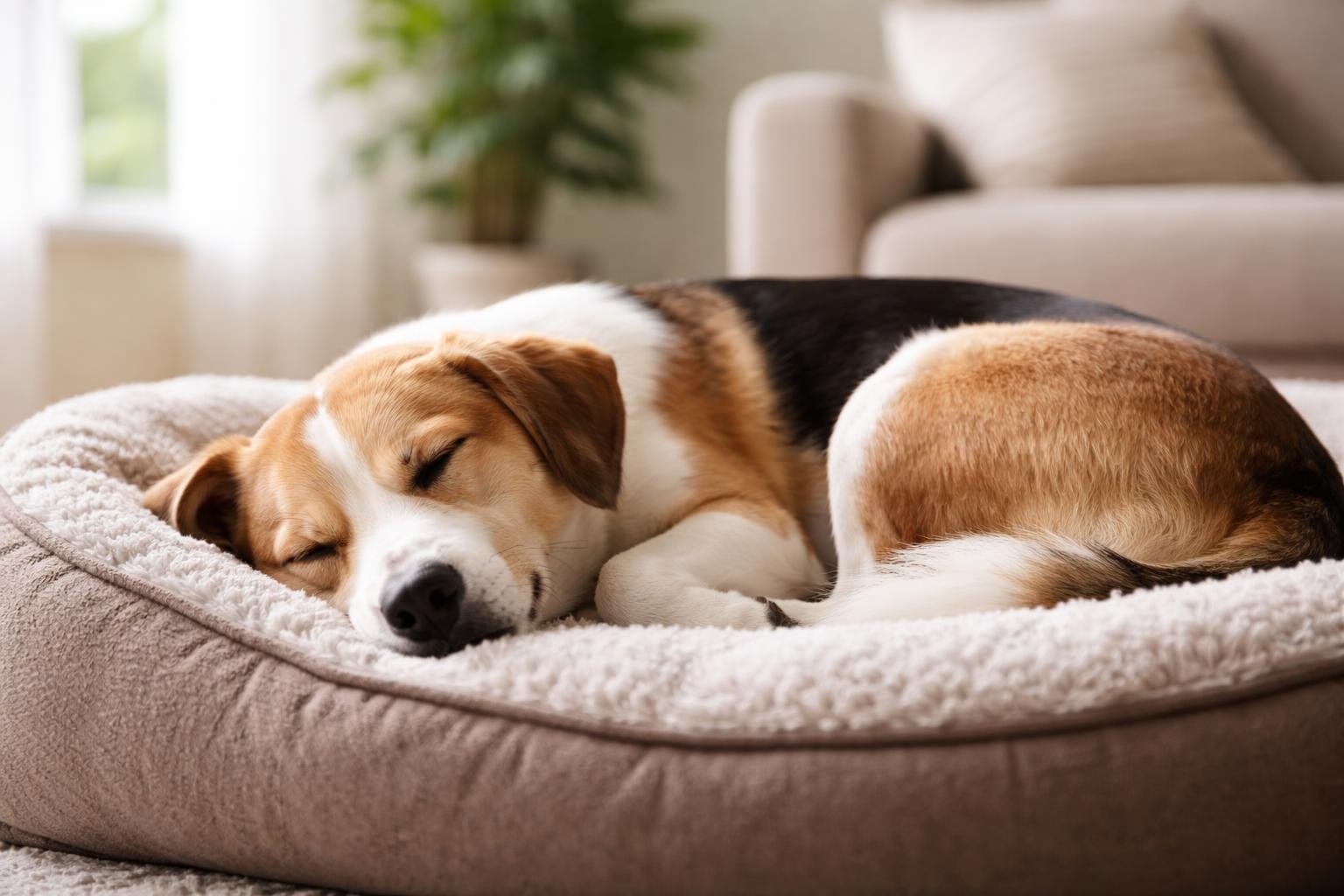 A dog sleeping peacefully on a soft dog bed in a bright living room.