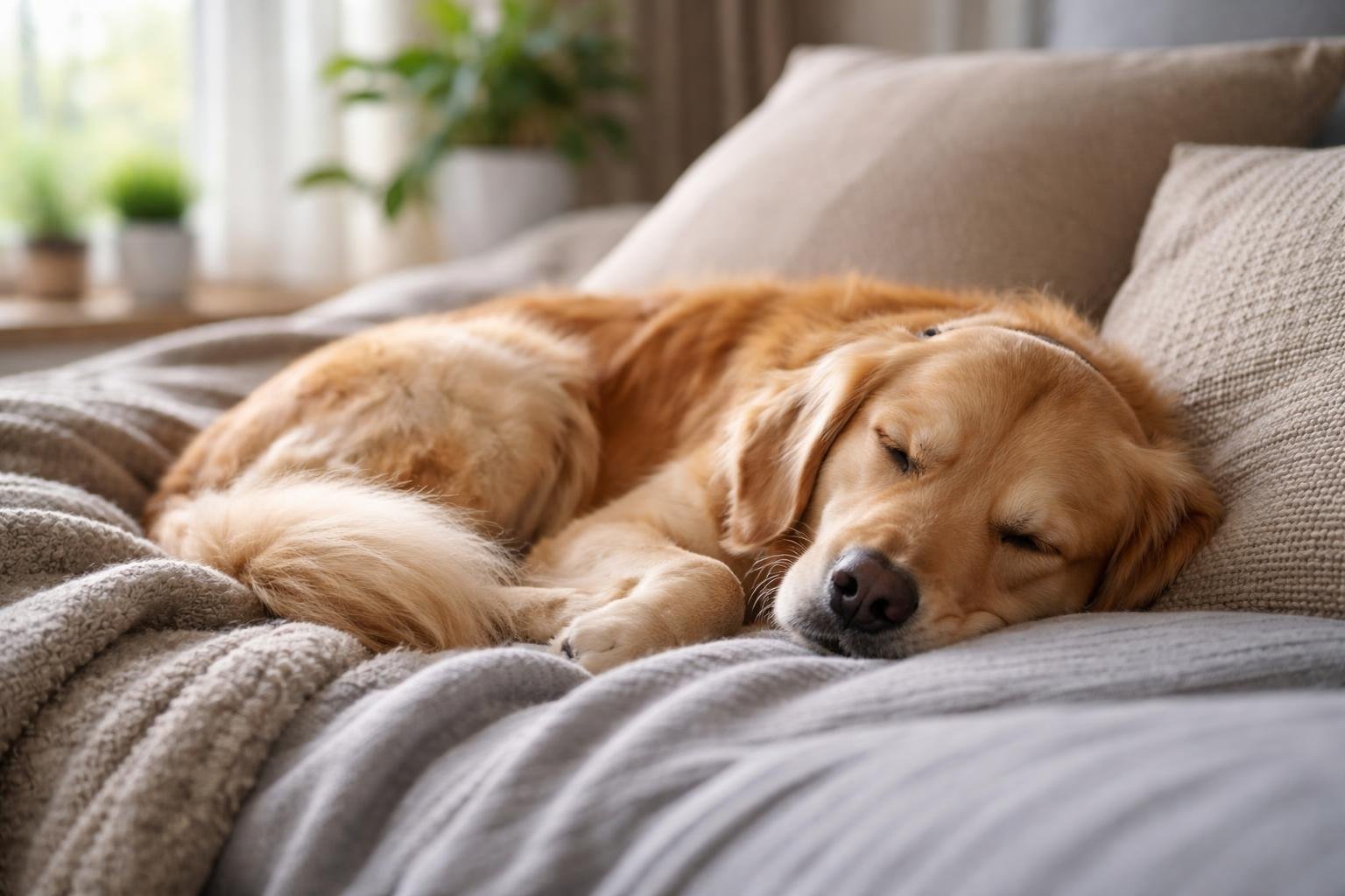 A golden retriever sleeping peacefully on a soft bed in a cozy living room.