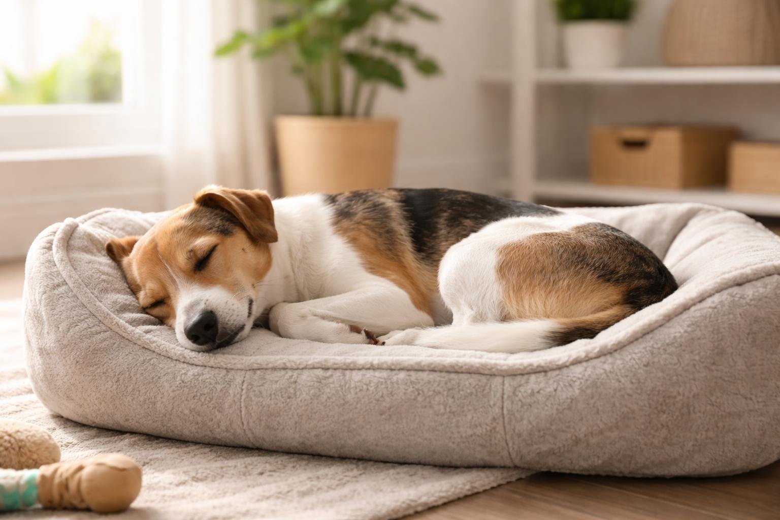A medium-sized dog sleeping curled up on a soft dog bed in a bright living room with sunlight coming through a window.