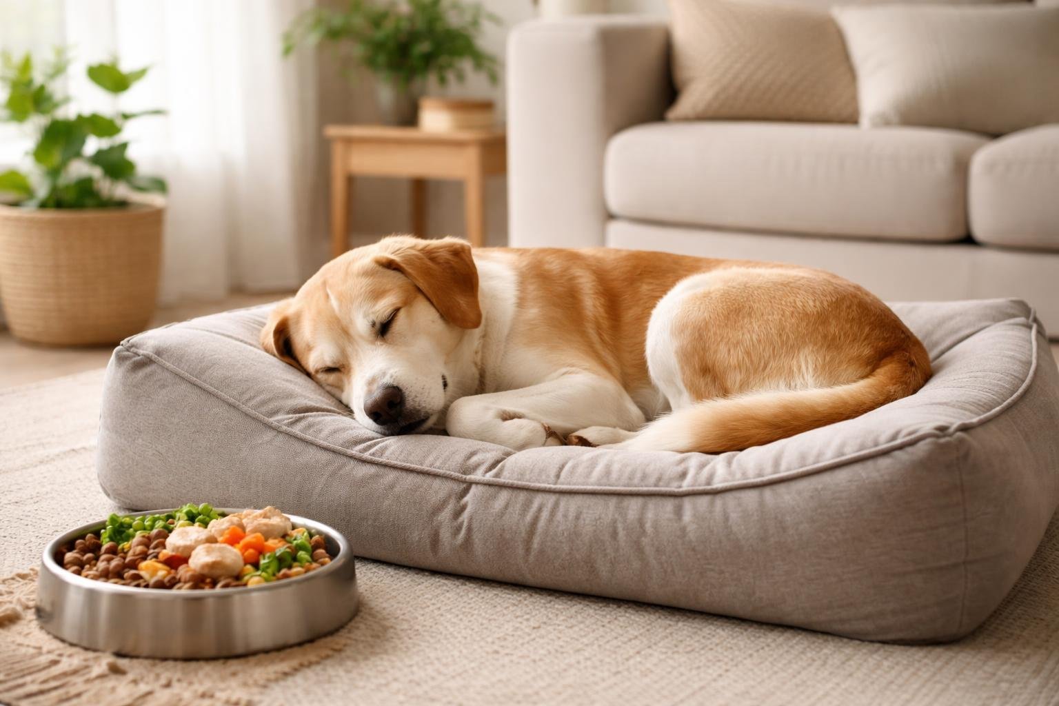A dog sleeping peacefully on a cozy bed in a bright living room with a bowl of fresh dog food nearby.