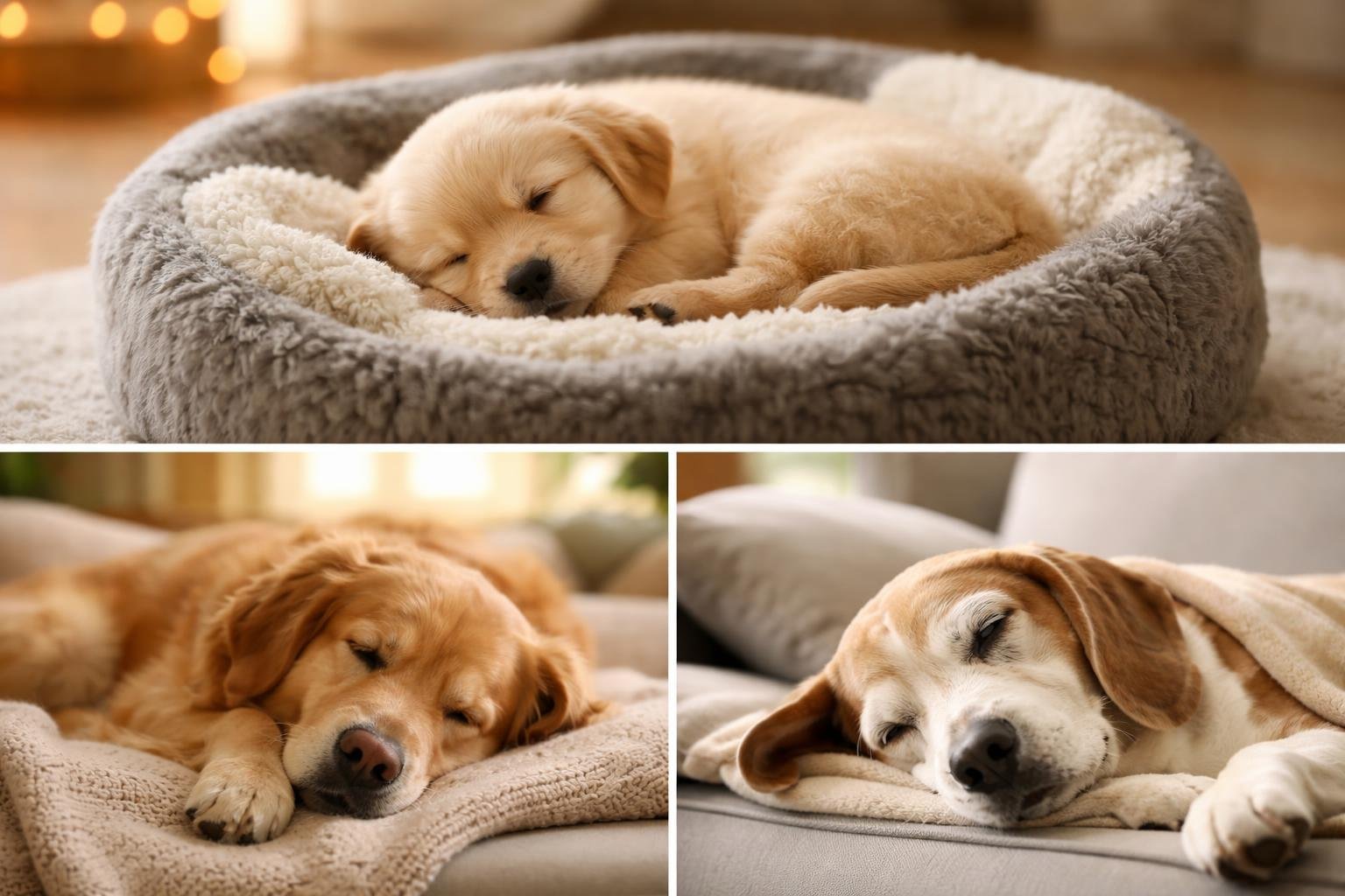 Three dogs of different ages sleeping peacefully indoors in a cozy and calm setting.