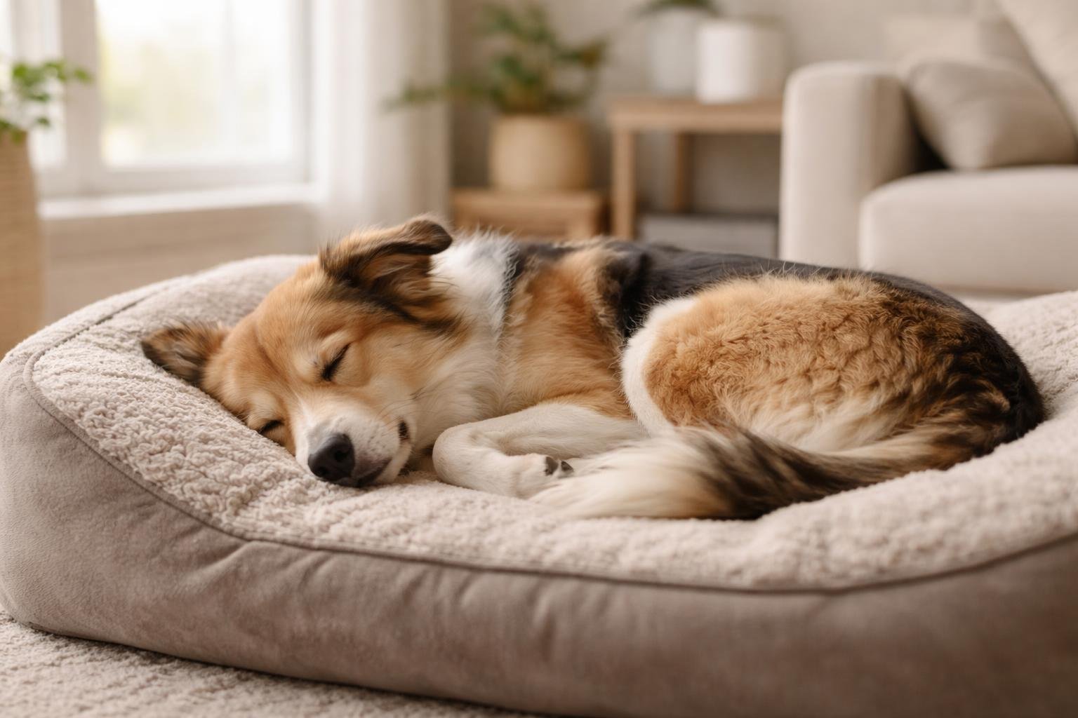 A medium-sized dog sleeping curled up on a soft dog bed in a cozy living room.