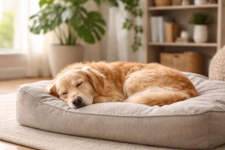 A golden retriever sleeping peacefully curled up on a soft dog bed in a bright living room.