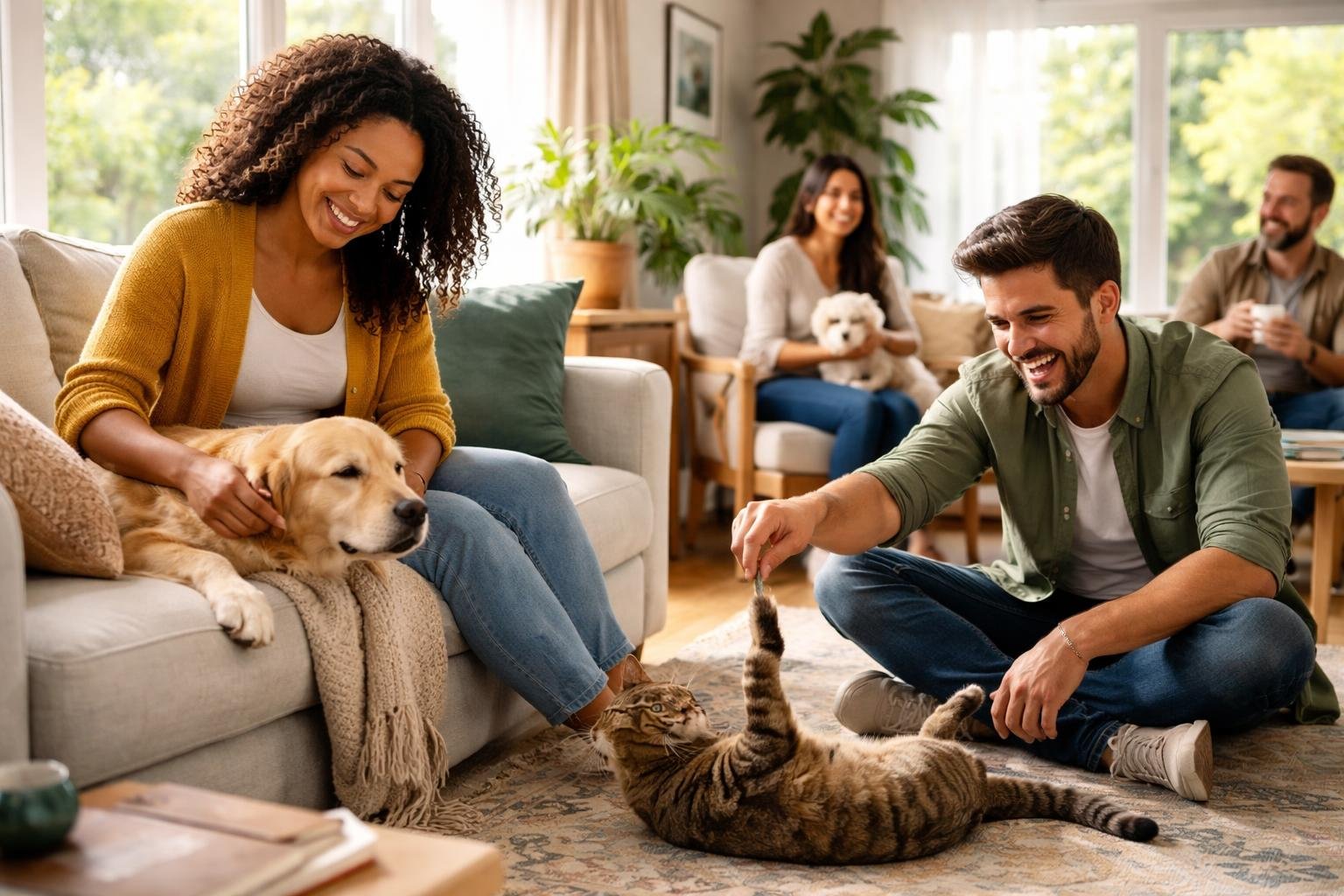 People happily interacting with their pets in a bright living room, showing emotional connection and relaxation.