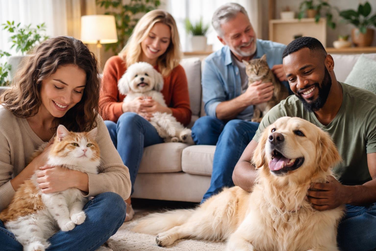 People happily interacting with their dogs and cats in a cozy indoor setting.