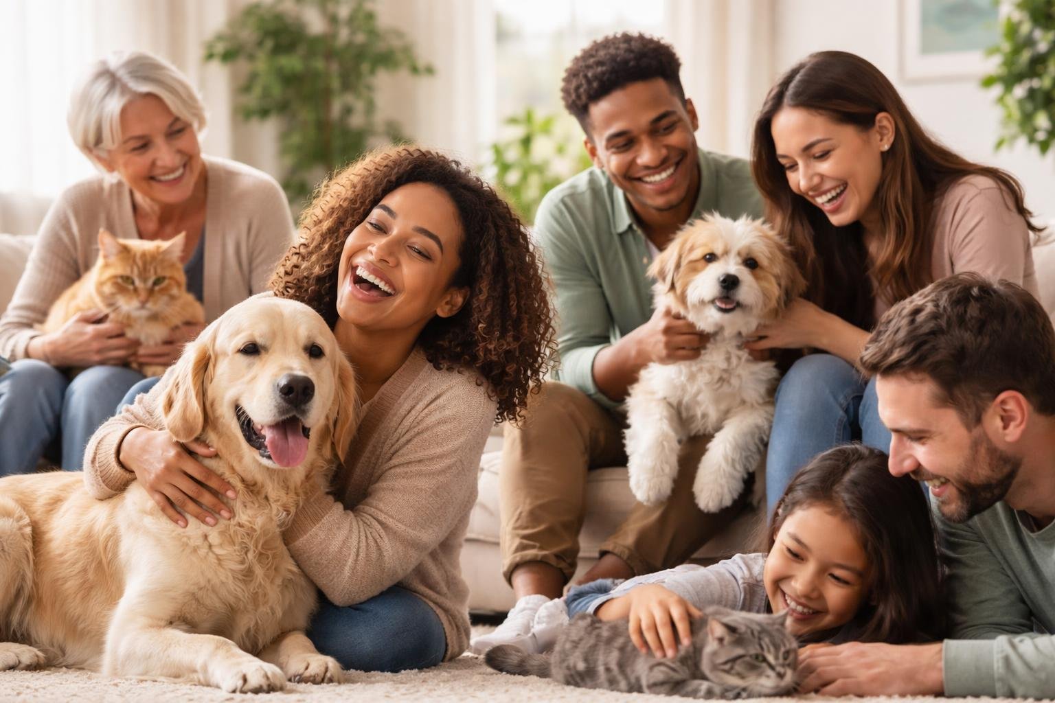 People happily interacting with their pets in a bright, cozy living room.
