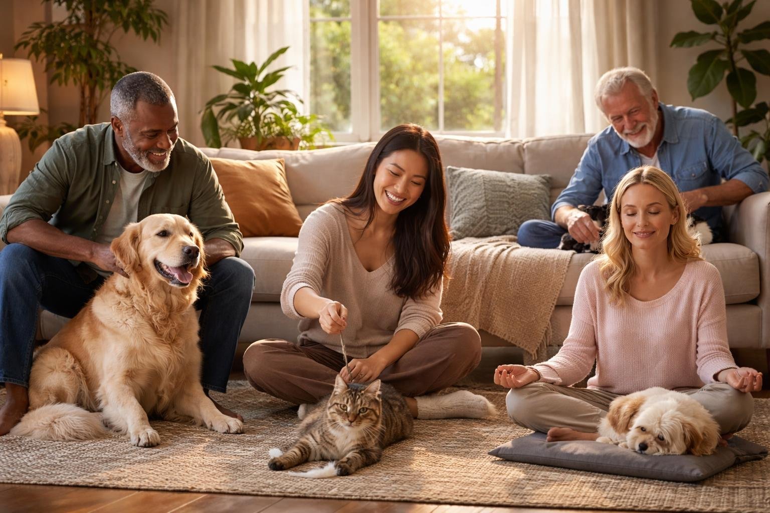 People of different ages happily interacting with their pets in a cozy living room.