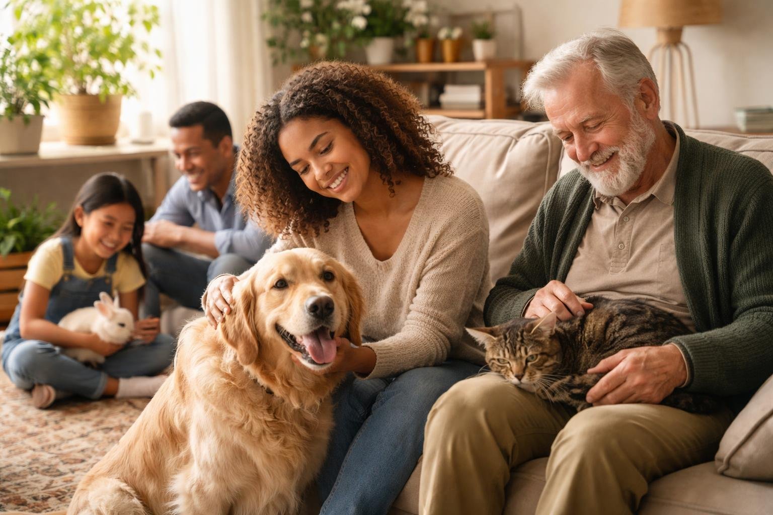 People of different ages happily interacting with their pets in a cozy living room.