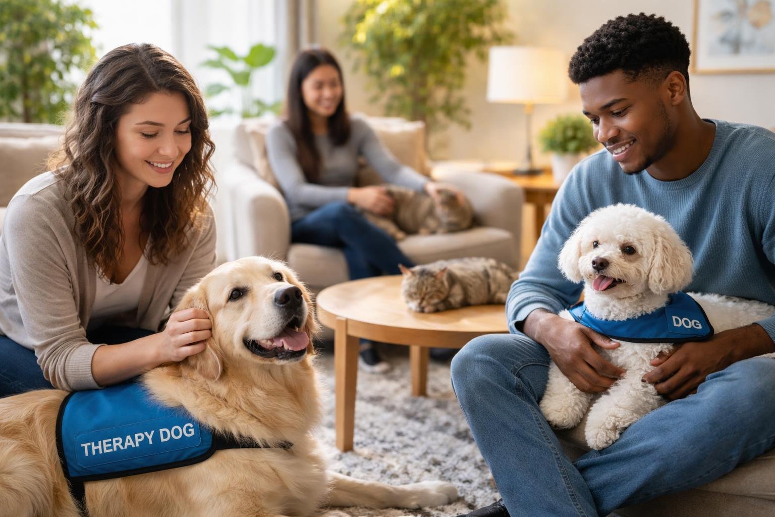 People peacefully interacting with therapy animals including a service dog and a cat in a cozy indoor setting.