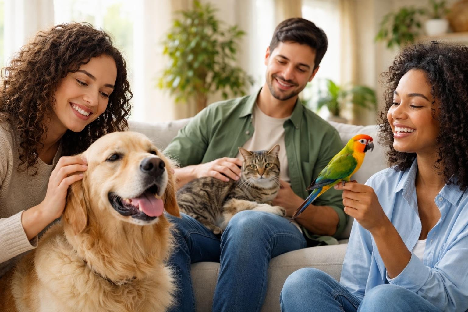 People happily interacting with different pets including a dog, cat, and parrot in a bright living room.