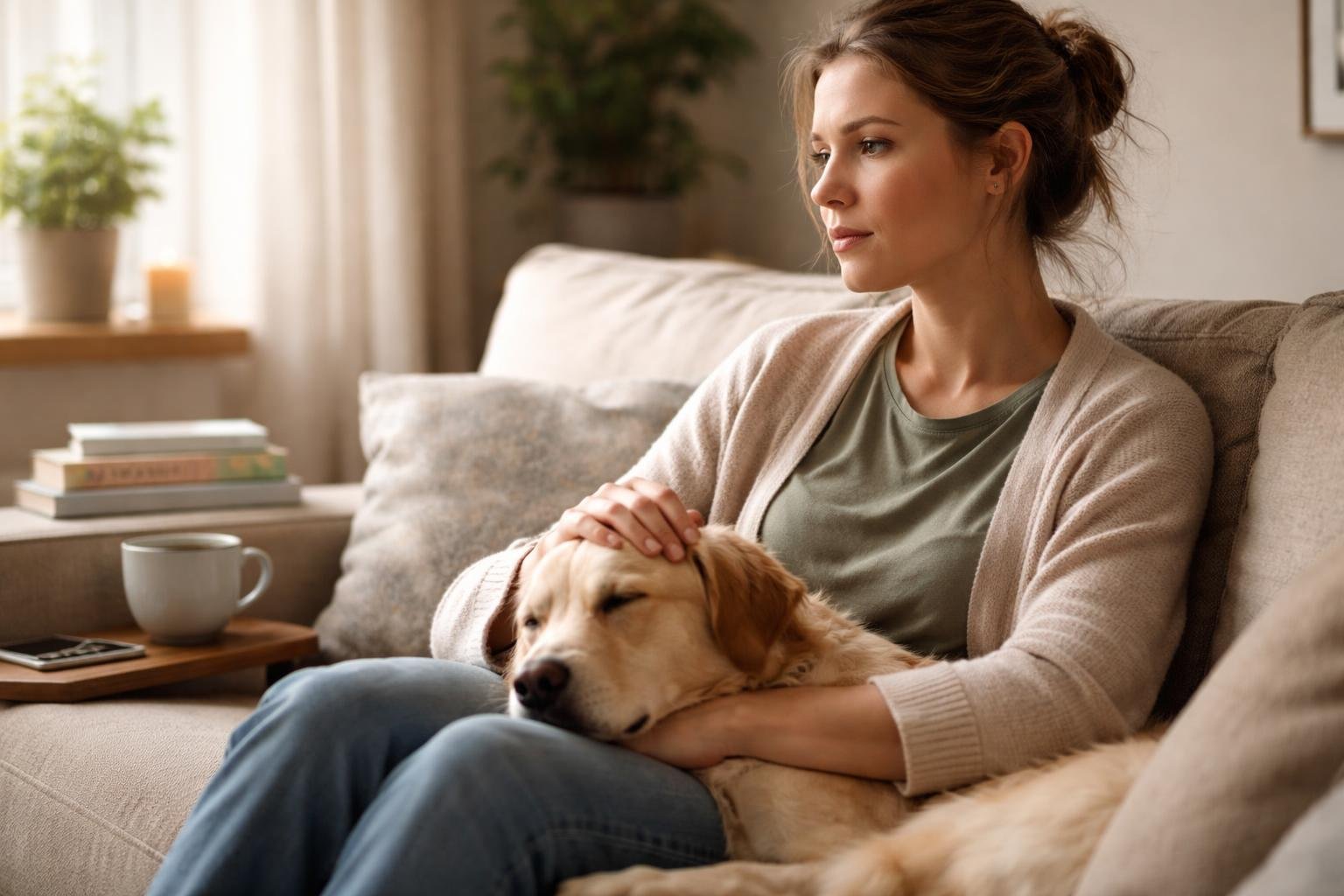 A person sitting on a couch holding a dog, looking thoughtful in a cozy living room.