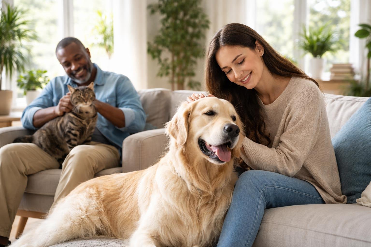 People interacting warmly with their pets in a bright living room, showing companionship and relaxation.