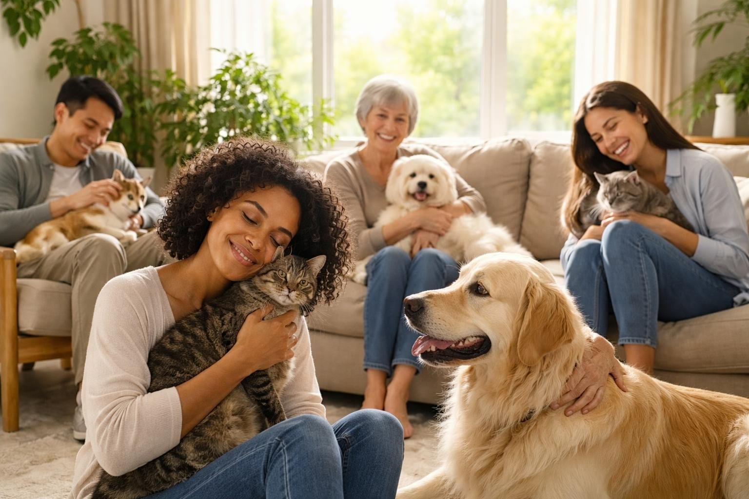 People happily interacting with their pets in a cozy living room, showing companionship and relaxation.
