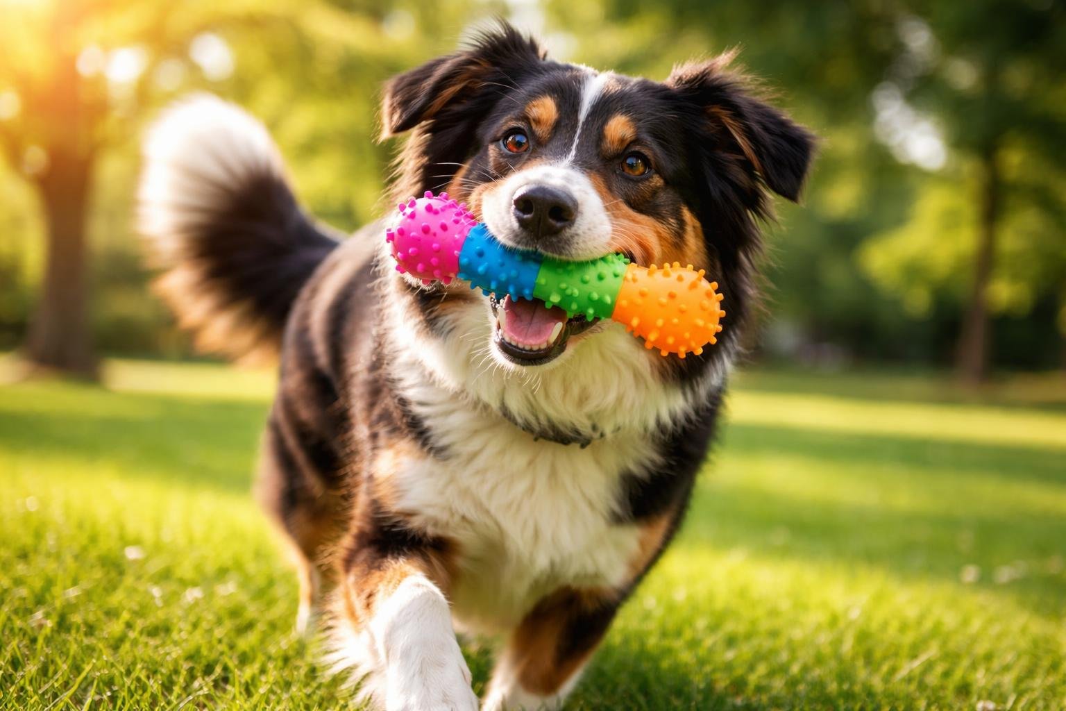 A happy dog playing with a colorful squeaky toy outdoors in a sunny park.