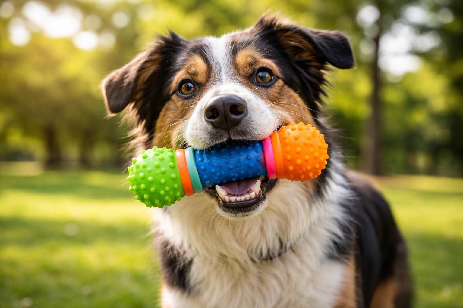 A dog playing outdoors with a brightly colored squeaky toy in its mouth.