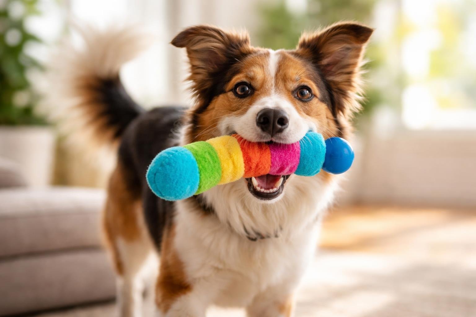 A happy dog playing with a colorful squeaky toy indoors, looking excited and engaged.