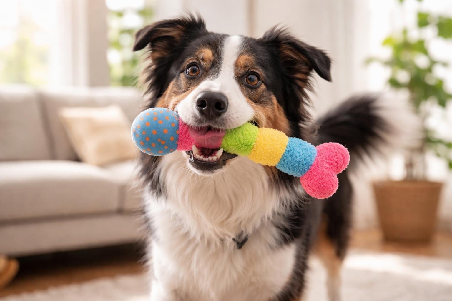 A happy dog playing with a colorful squeaky toy in a bright living room.