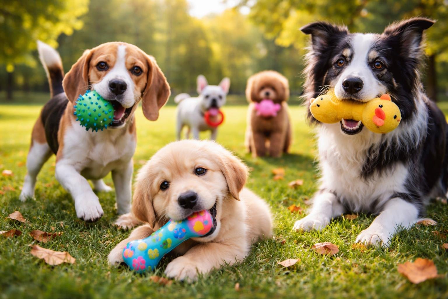 Several dogs of different breeds and ages playing with squeaky toys outdoors in a grassy park.