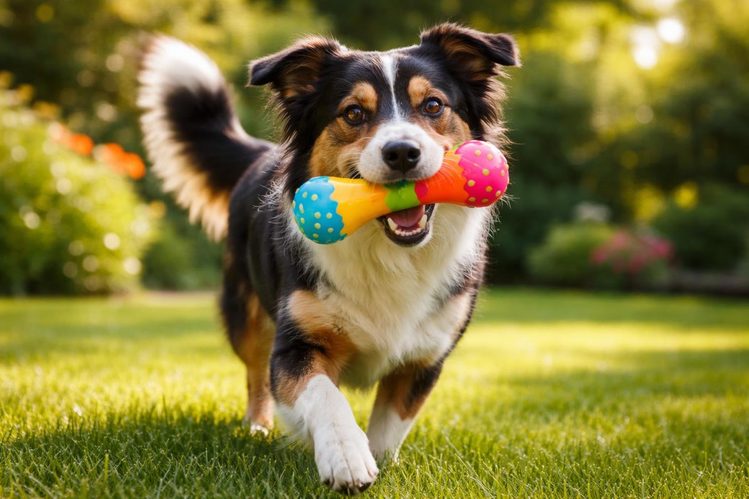 A dog happily playing with a brightly colored squeaky toy outdoors in a grassy backyard.