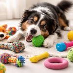 A joyful dog playing with various colorful dog toys including squeaky, chew, and plush toys on a bright surface.