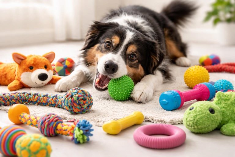 A joyful dog playing with various colorful dog toys including squeaky, chew, and plush toys on a bright surface.