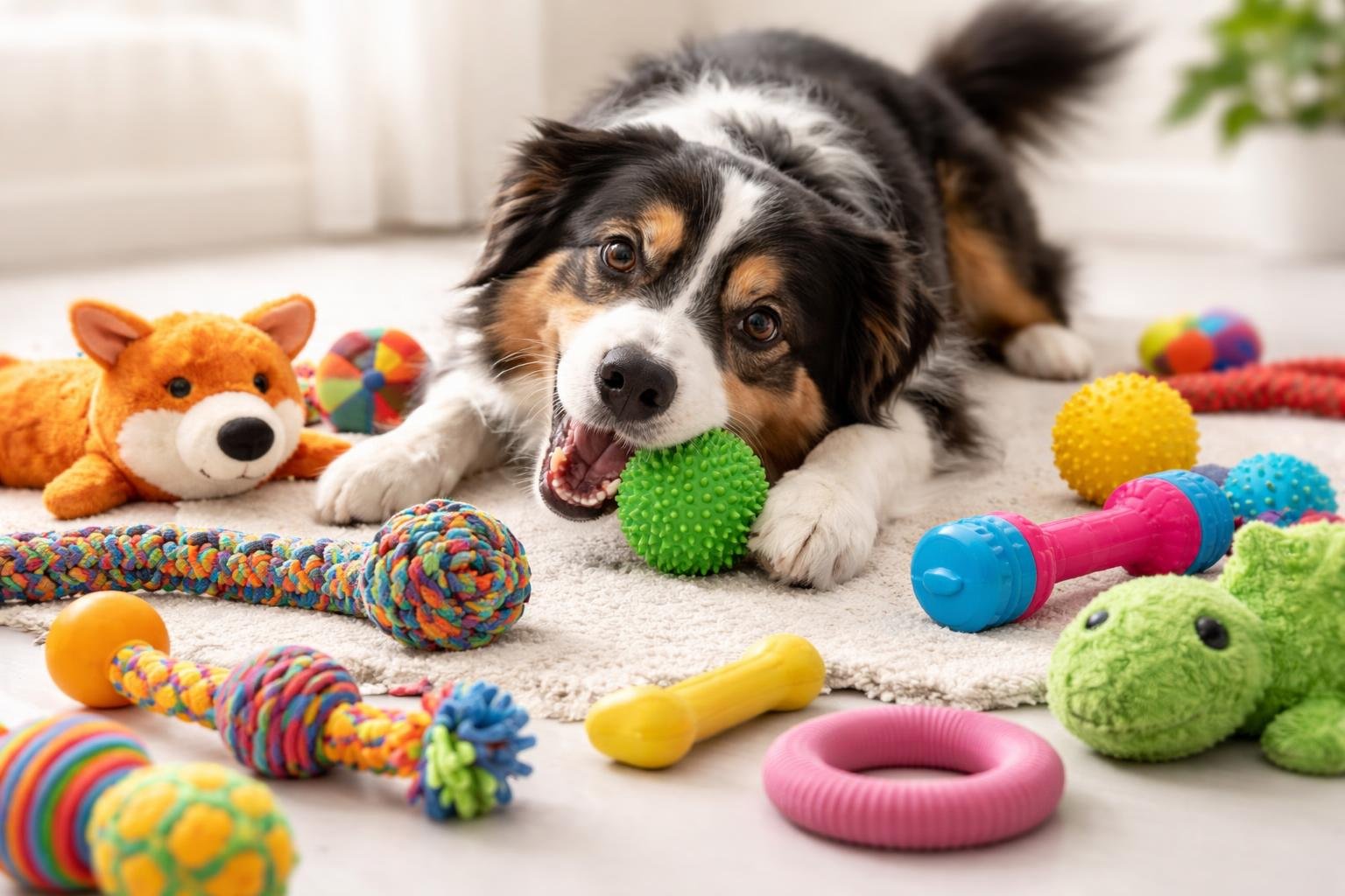 A joyful dog playing with various colorful dog toys including squeaky, chew, and plush toys on a bright surface.