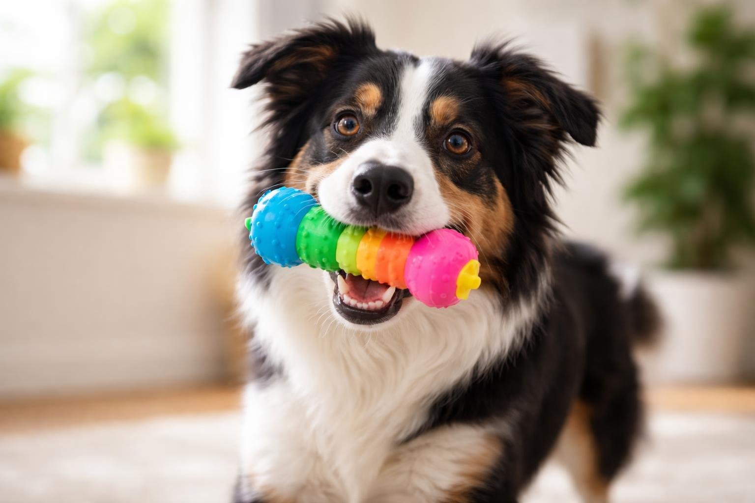 A happy dog playing indoors with a colorful squeaky toy.