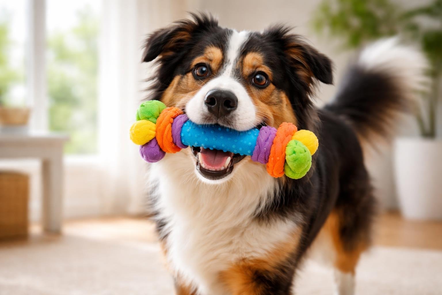 A dog playing with a colorful squeaky toy indoors.