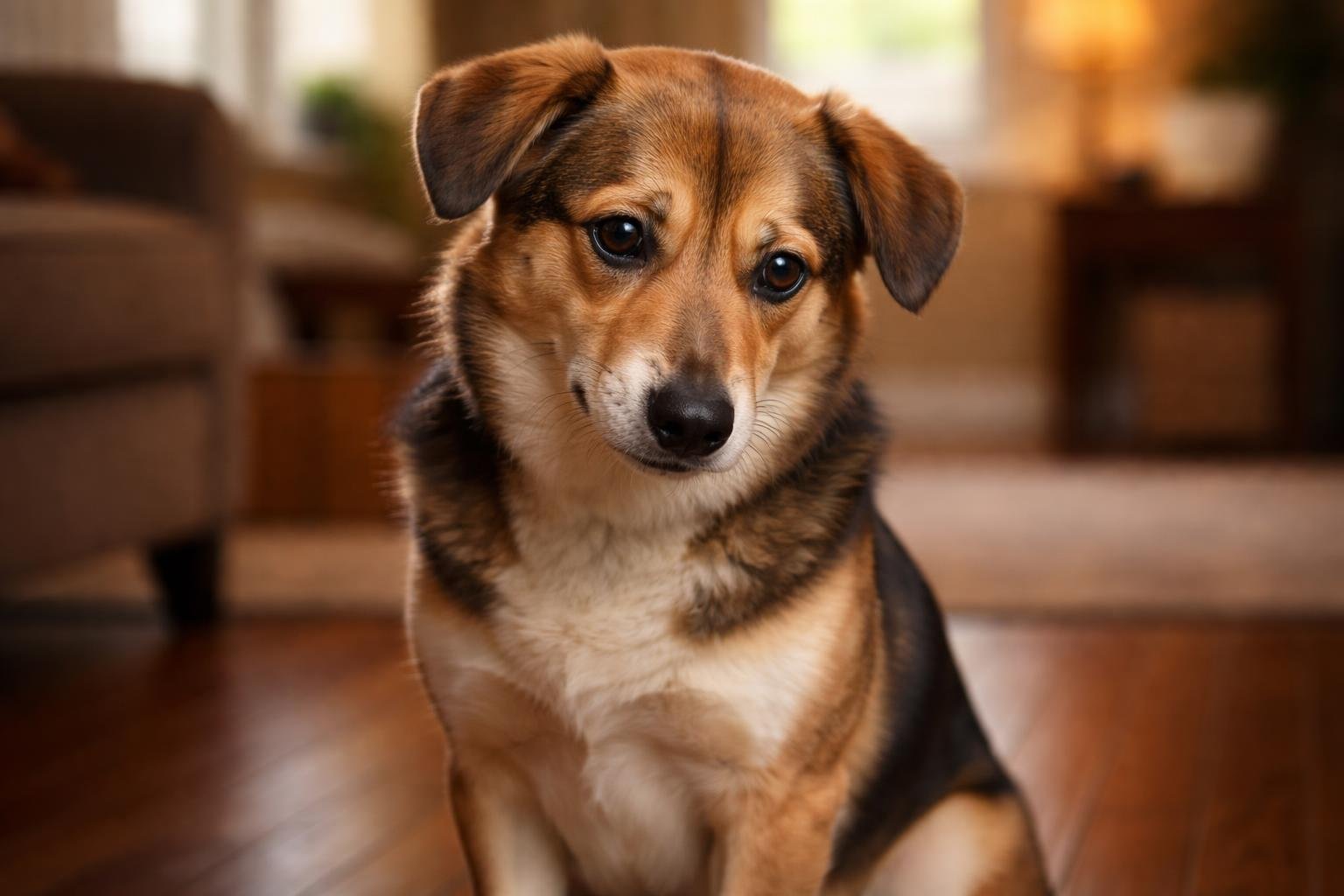 A medium-sized dog sitting on a wooden floor indoors, looking away with a shy expression.