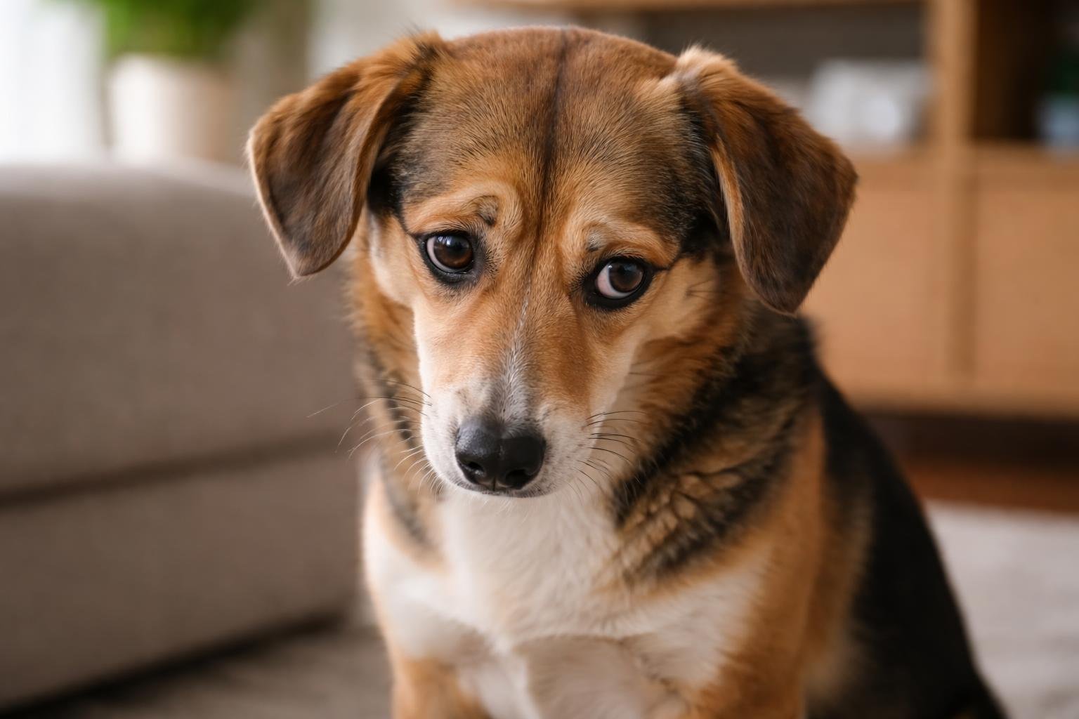 Close-up of a dog sitting indoors with a shy or embarrassed expression.